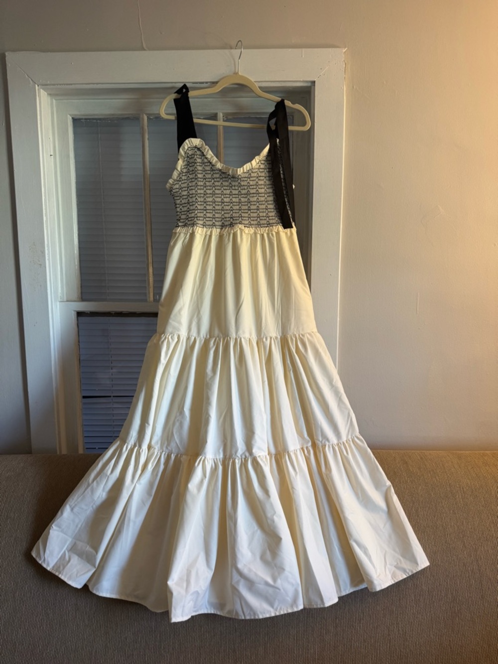 Tiered Ivory Maxi Dress with Black Shoulder Ties
